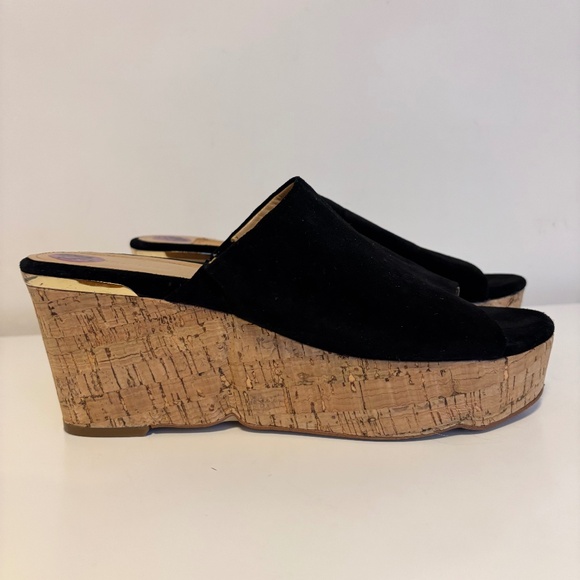 Marc Fisher Suede Leather Chunky Cork Platform Wedge Heel Sandals Black US 8.5 - Picture 1 of 5